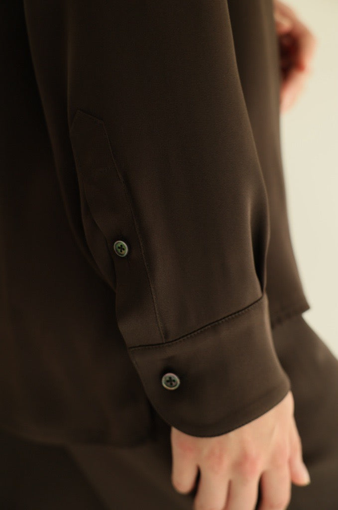 Notto silk satin shirt chocolate sleeve details mother of pearl button